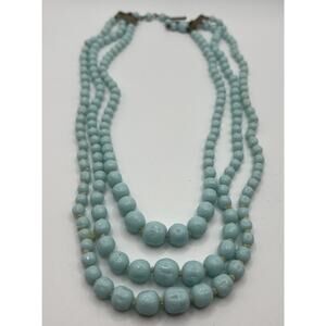 Vintage 3 Strand Light Blue Dimpled Glass Beaded Necklace Jewelry Silver Clasp